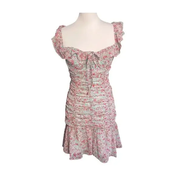 Anthropologie ASTR the Label S Floral Ruched Ruffle Mini Dress Milkmaid Coquette - Picture 3 of 12
